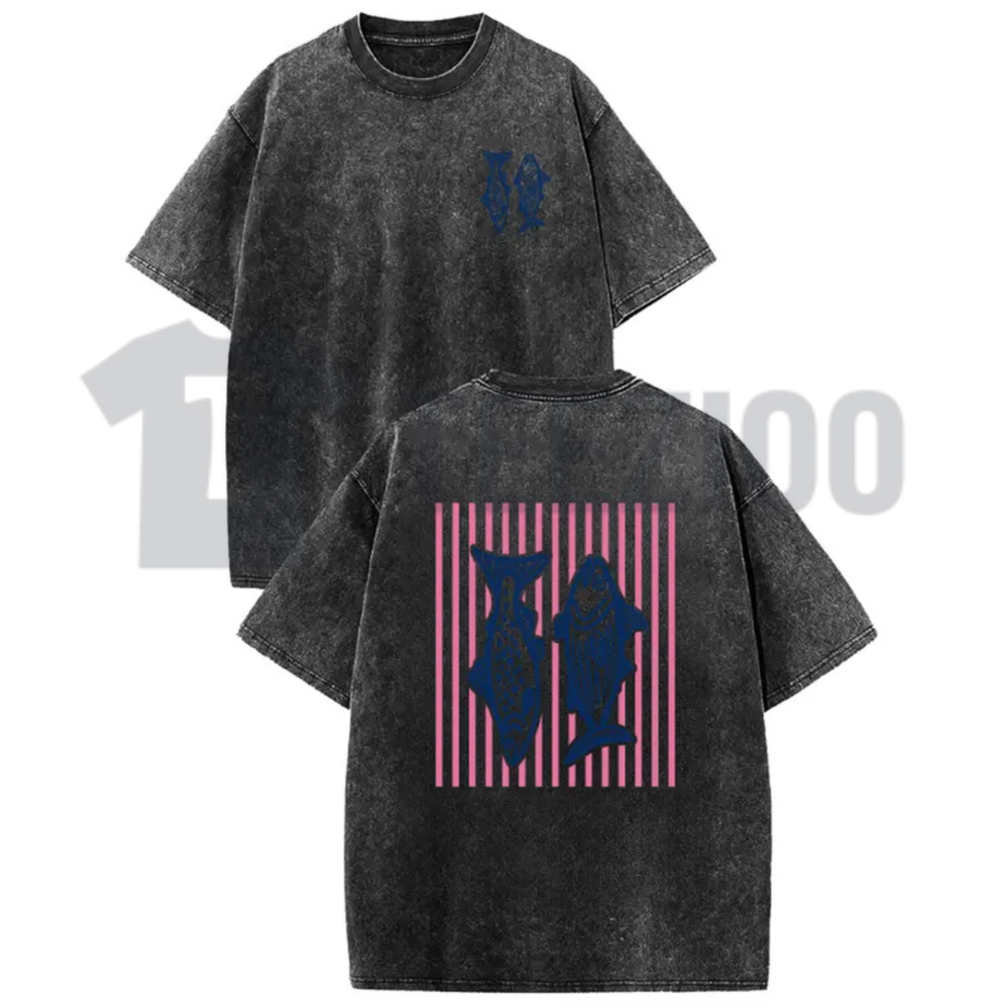 Retro Pink Striped Fish T-Shirt – Acid Wash Dual-Side Graphic Tee