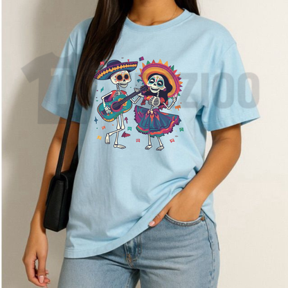 Vibrant Folk Art Skeleton Dance Shirt - Dia de los Muertos Graphic Tee