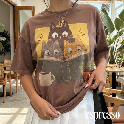 Retro Curious Reading Cats Comfort Colors Shirt – Book Lover Graphic Tee