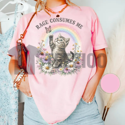 "Rage Consumes Me" Funny Cat Shirt - Retro Rainbow Kitten Tee