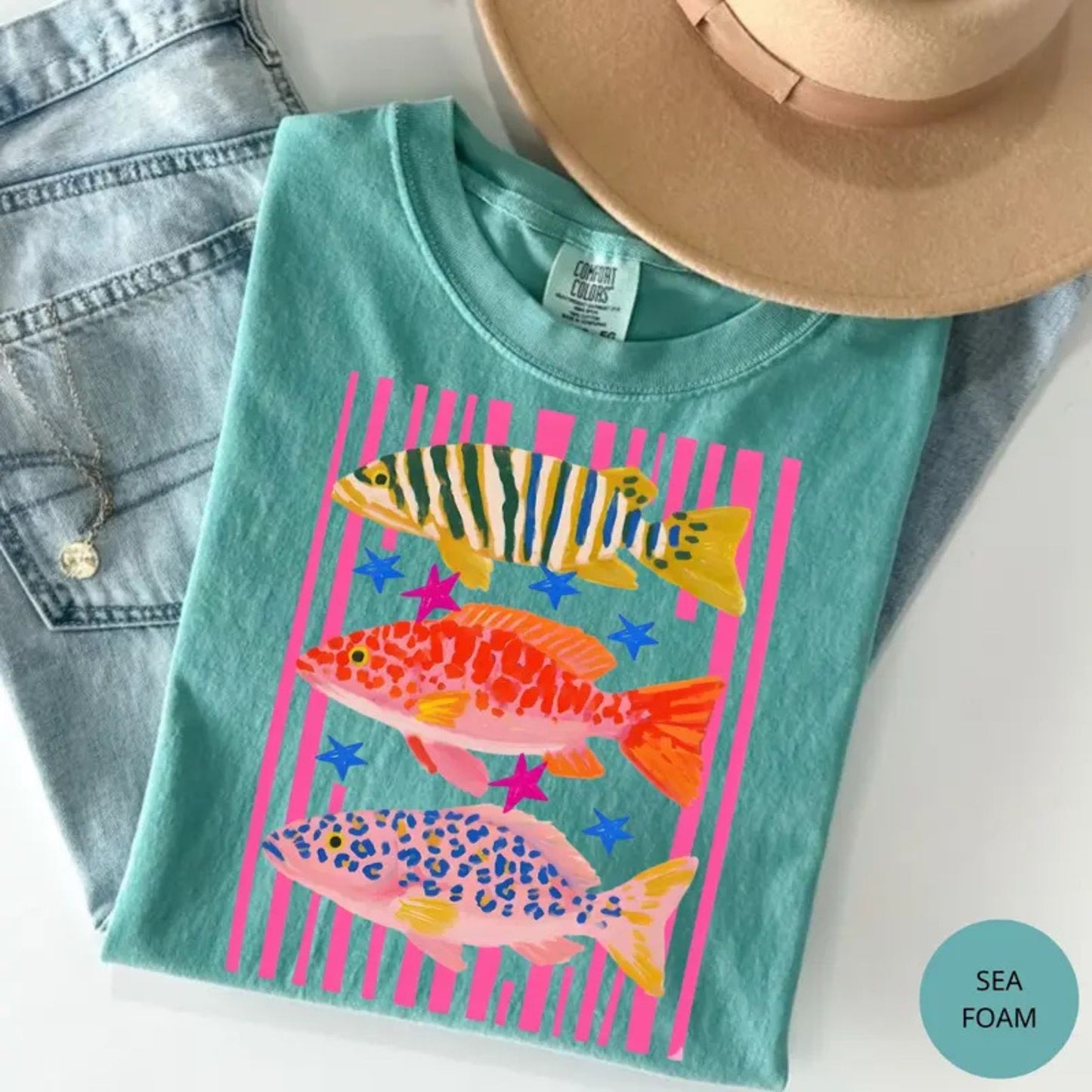 Comfort Colors Preppy Fish T-Shirt – Colorful Maximalist Fishing Graphic Tee, Cute Coastal Aesthetic Shirt for Women