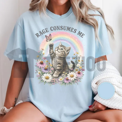 "Rage Consumes Me" Funny Cat Shirt - Retro Rainbow Kitten Tee