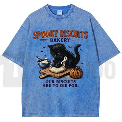 Spooky Black Cat Vintage Graphic Tee – Oversized Halloween Acid-Wash Shirt