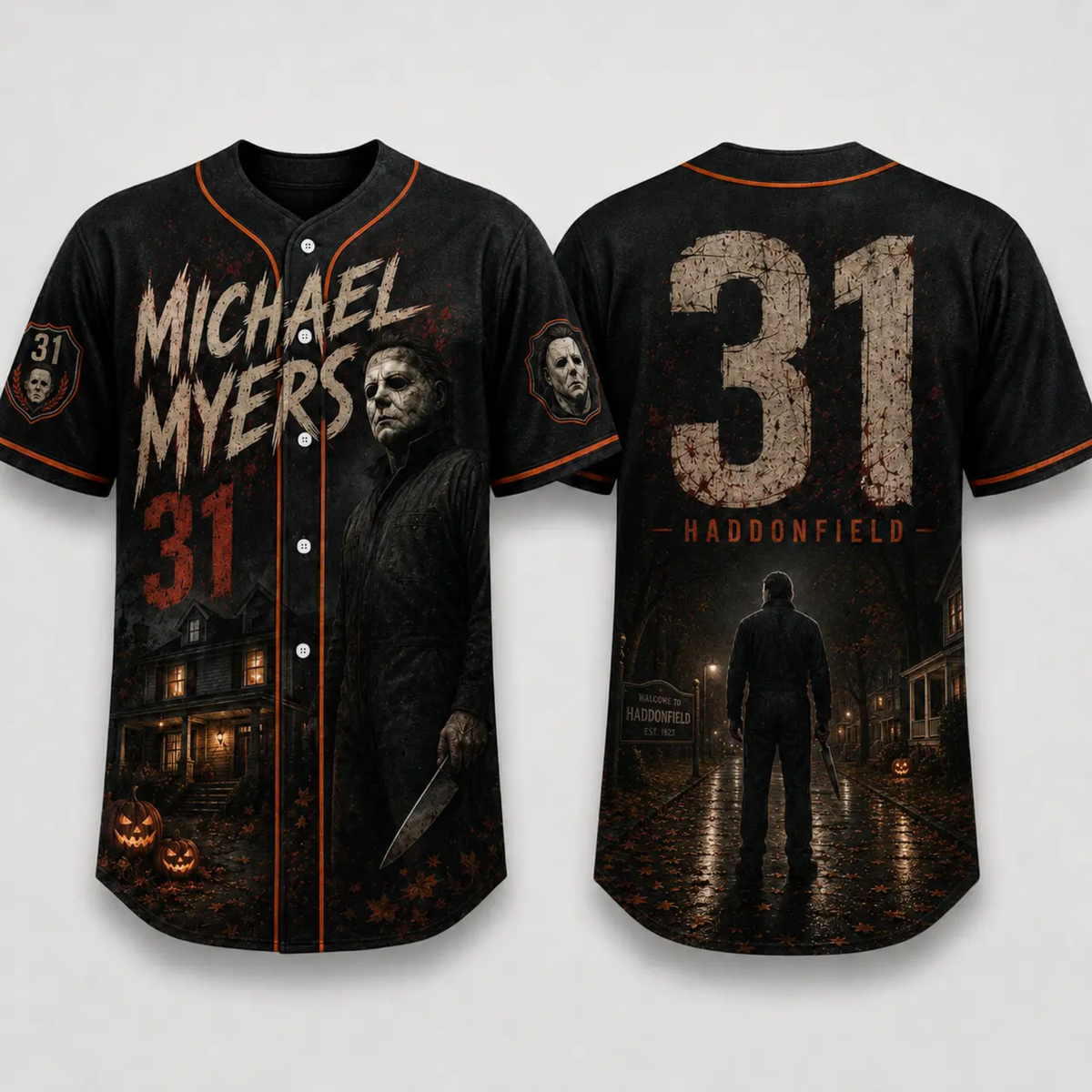Horror Slasher Baseball Jersey - Gothic Halloween Button Front Shirt & Dark Graphic Top