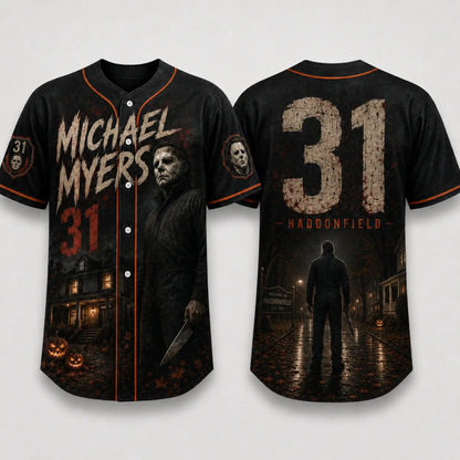 Horror Slasher Baseball Jersey - Gothic Halloween Button Front Shirt & Dark Graphic Top
