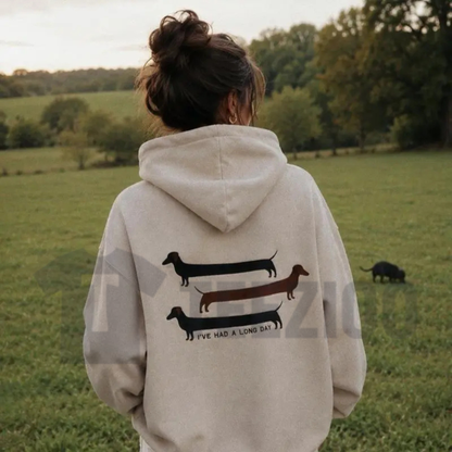 "I've Had A Long Day" Funny Dog Embroidered Hoodie - Premium Heavy Blend Cozy Loungewear