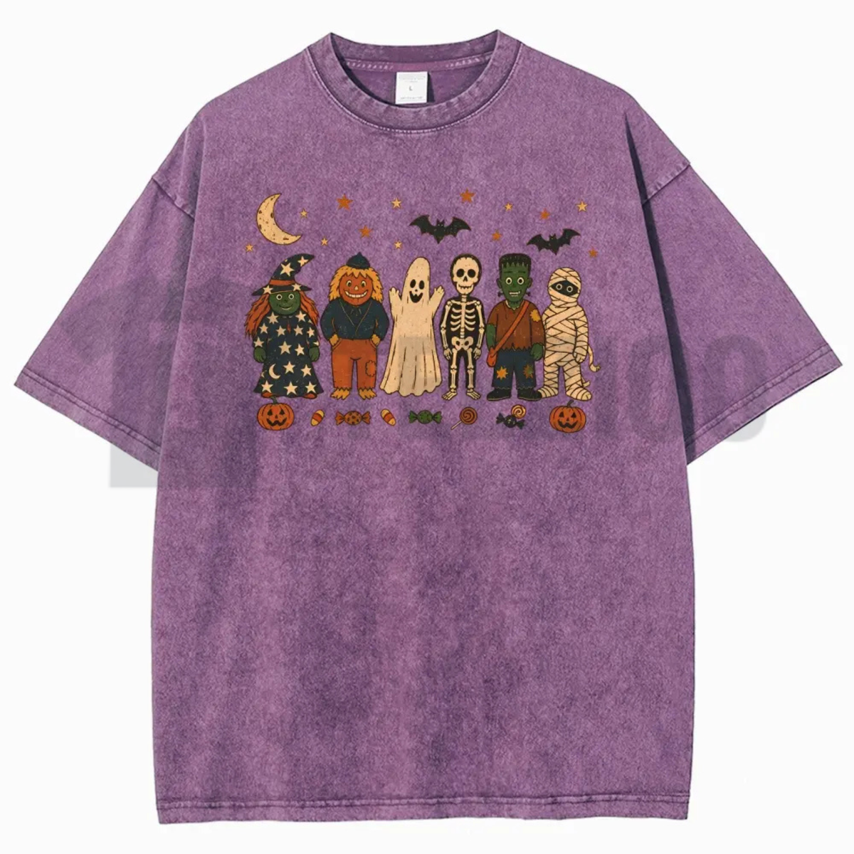 Halloween Acid Wash Shirt - Retro Witches Ghosts Pumpkin Graphic Tee