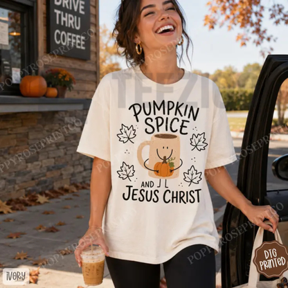Pumpkin Spice & Jesus Christ Shirt - Retro Fall Faith Graphic Tee