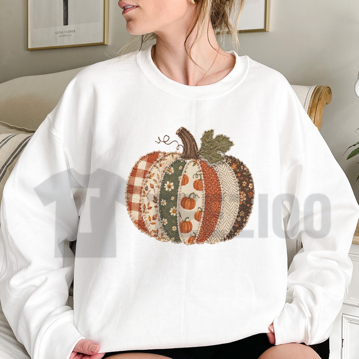 Comfort Colors® Faux Patchwork Fall Pumpkin Sweatshirt - Checkered Thanksgiving Crewneck