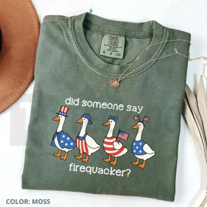 Funny Patriotic Goose T-Shirt – Firequacker 4th of July Tee, American Flag Humor Shirt