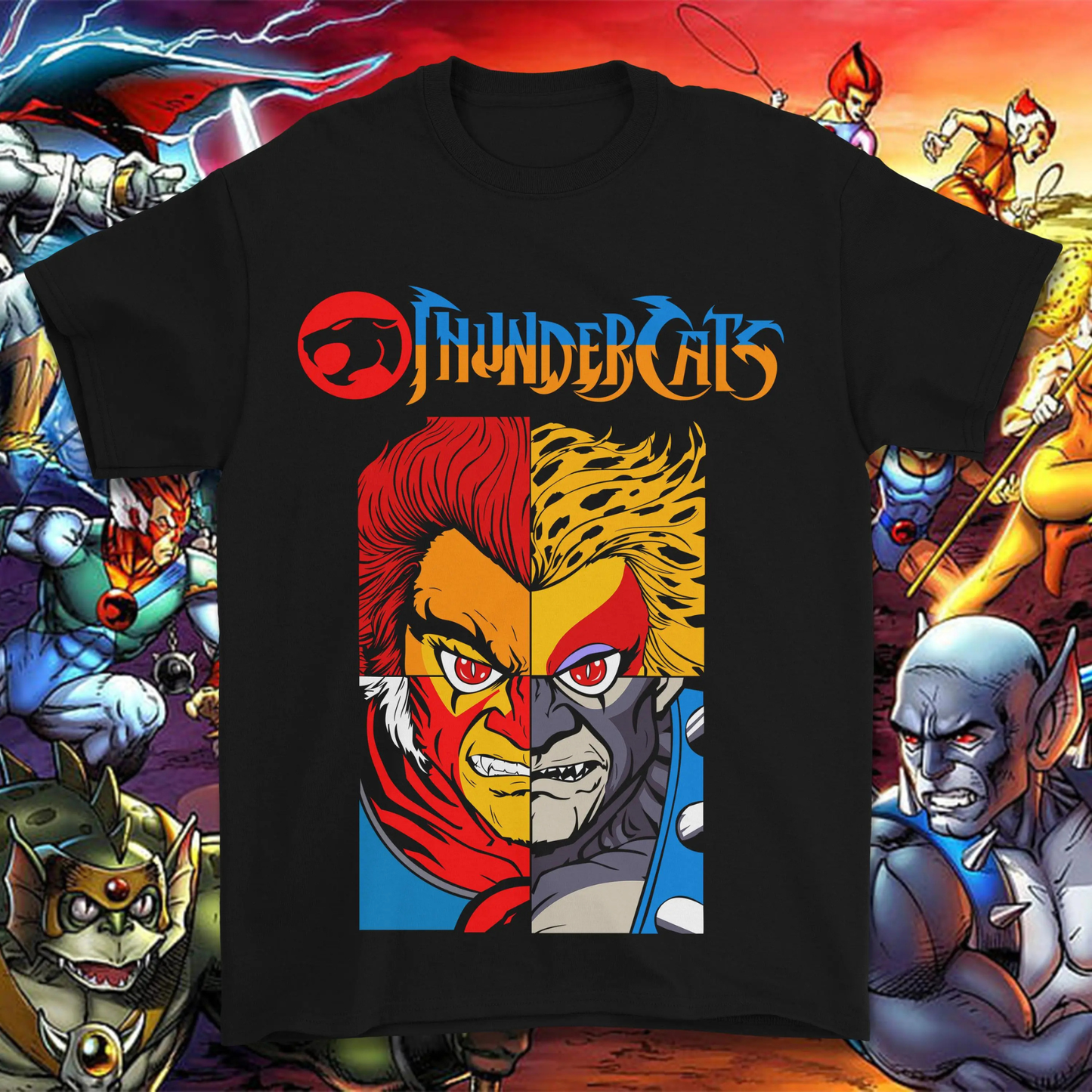 Vintage 80s Cartoon Thundercats Graphic Tee - Retro Character Grid Print Shirt