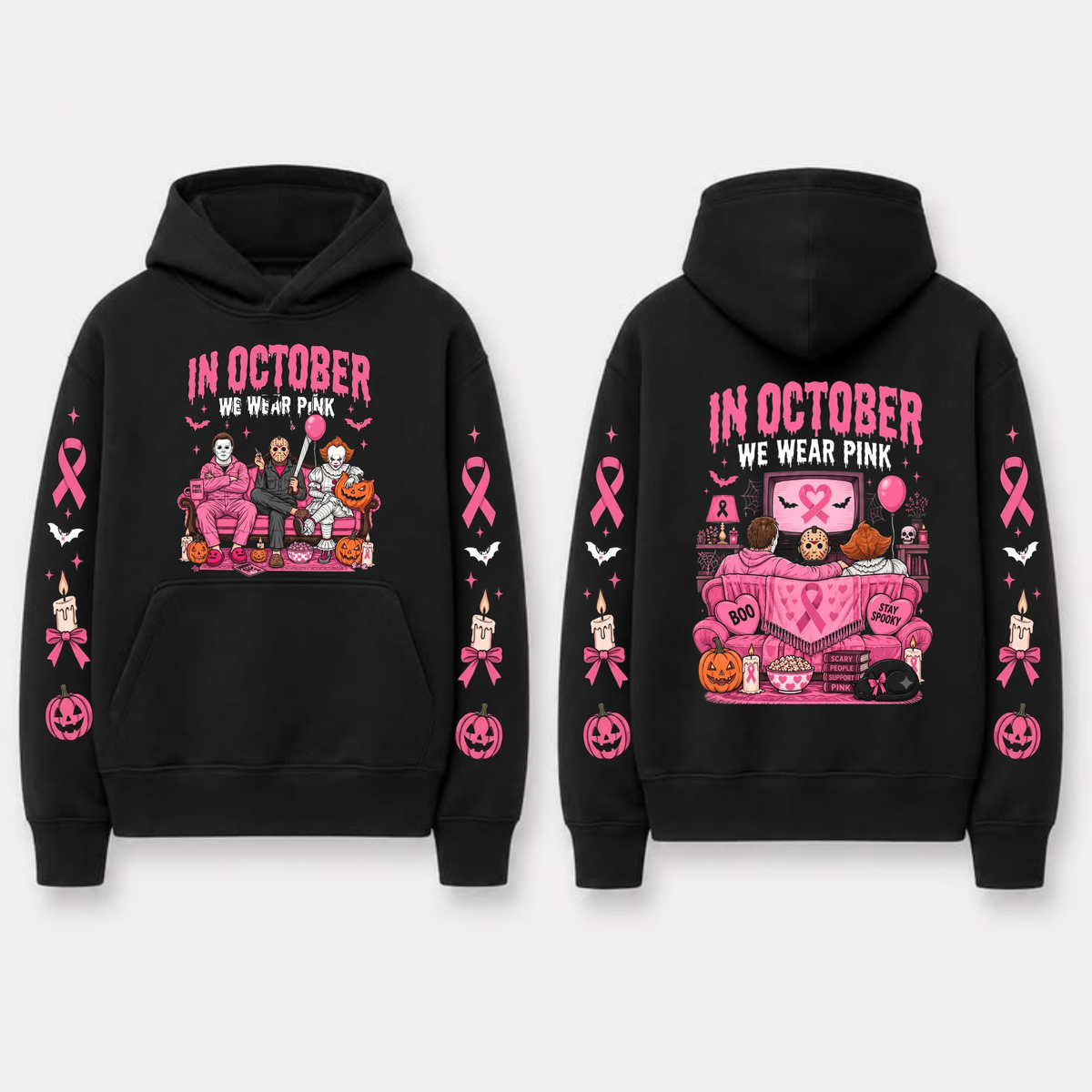 In October We Wear Pink Spooky Ribbon Hoodie - Breast Cancer Support Pullover