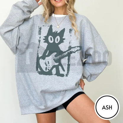 Rock Star Cat Sweatshirt - Vintage Y2K Kitten Electric Guitar Graphic Crewneck