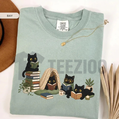 Black Cat Reading Shirt - Cozy Book Lover Graphic Tee