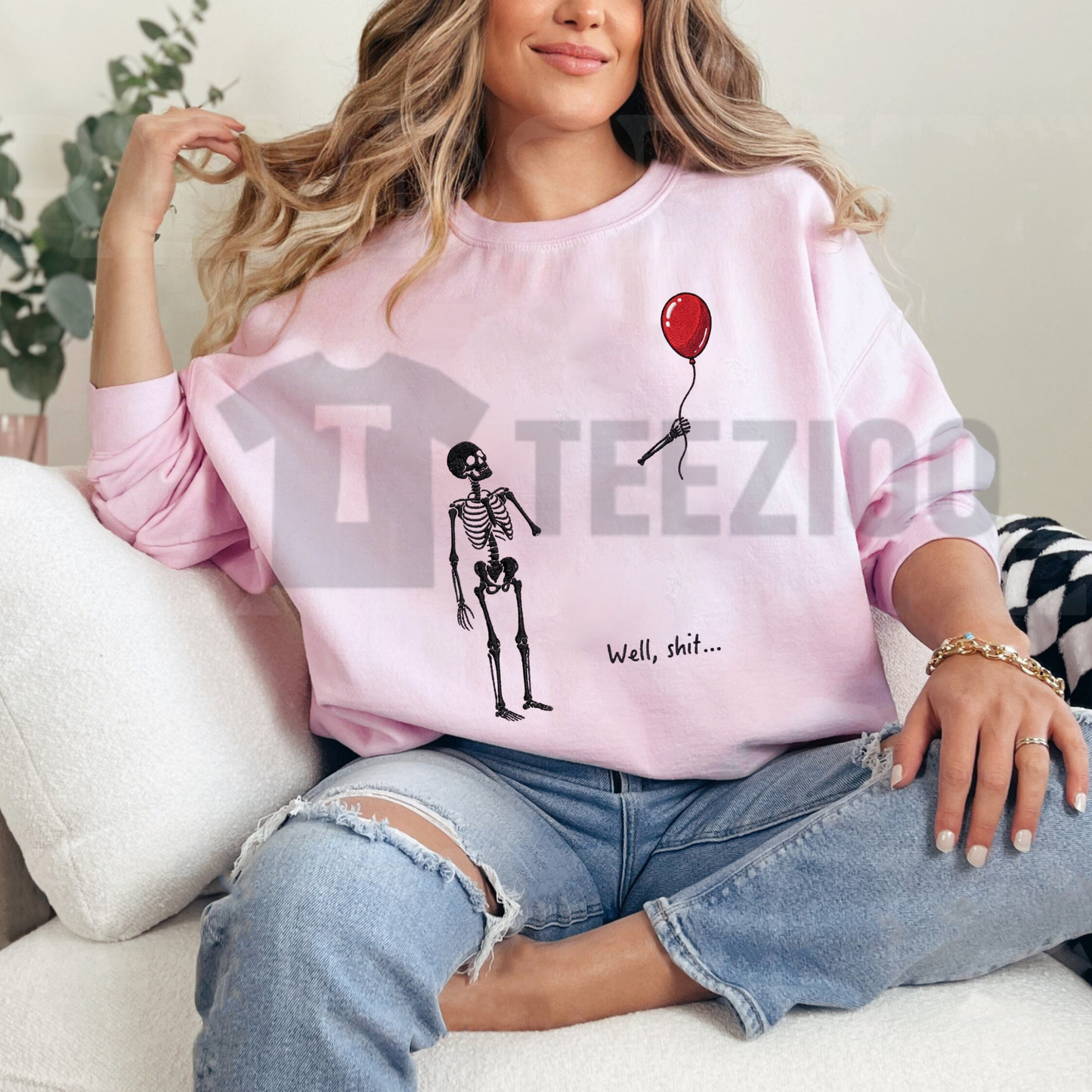 "Well Shit" Skeleton Balloon Embroidered Sweatshirt - Funny Sarcastic Crewneck