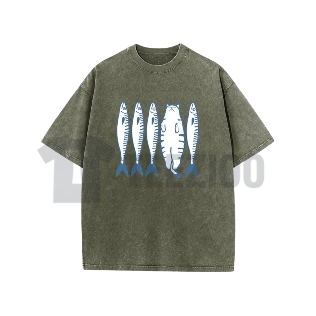 Cotton Acid Wash Cat And Fish Shirt - Retro Cartoon Graphic Tee