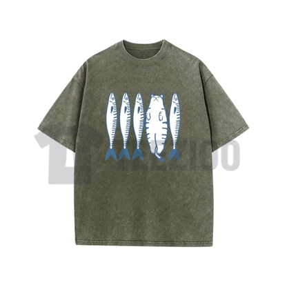 Cotton Acid Wash Cat And Fish Shirt - Retro Cartoon Graphic Tee