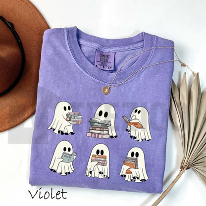 Spooky Halloween Bookshelf Comfort Colors Shirt – Ghost Reader Tee