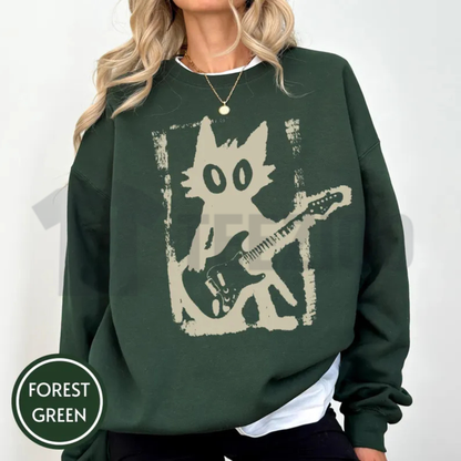 Rock Star Cat Sweatshirt - Vintage Y2K Kitten Electric Guitar Graphic Crewneck