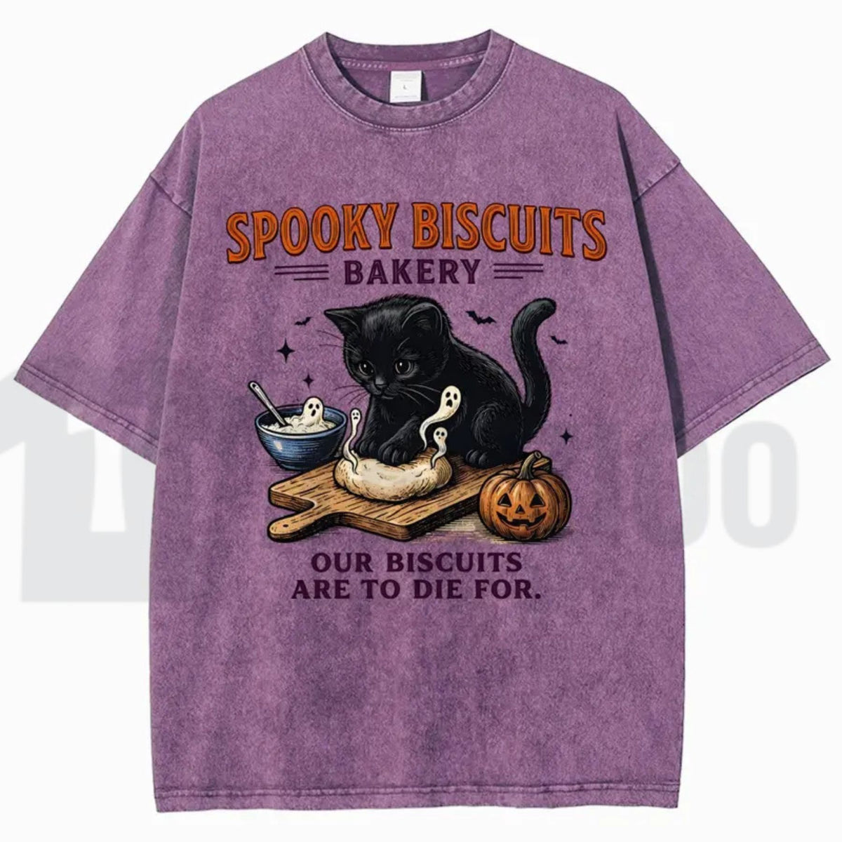 Spooky Black Cat Vintage Graphic Tee – Oversized Halloween Acid-Wash Shirt