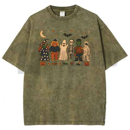 Halloween Acid Wash Shirt - Retro Witches Ghosts Pumpkin Graphic Tee