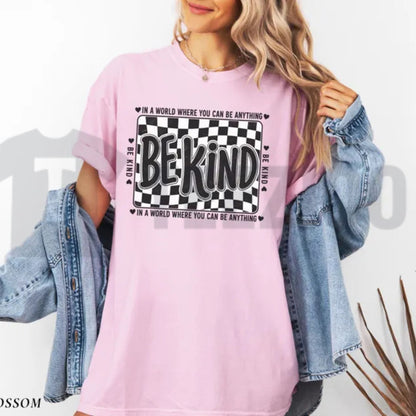 Comfort Colors Checkered Be Kind Tee – Retro Motivational Teacher Shirt