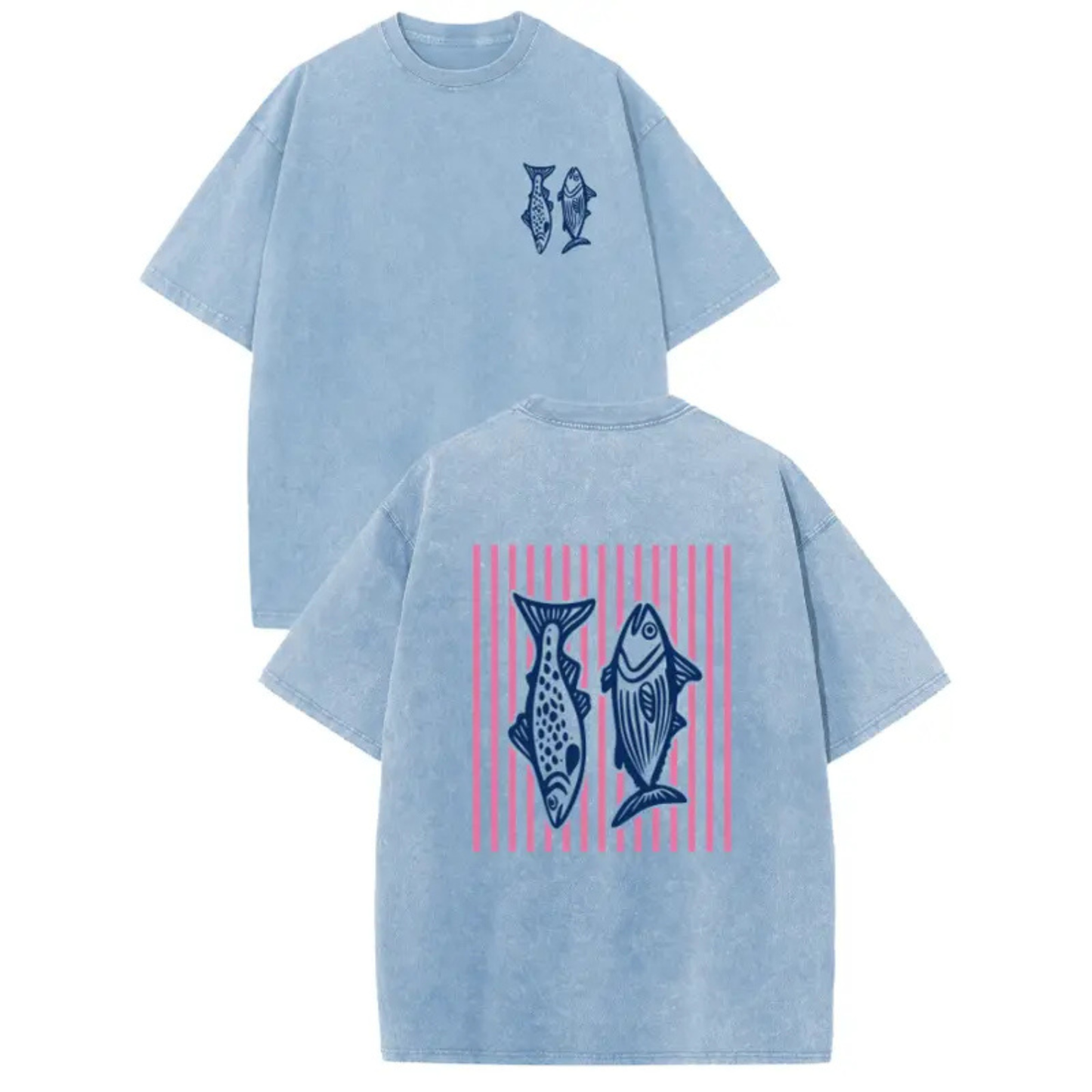 Retro Pink Striped Fish T-Shirt – Acid Wash Dual-Side Graphic Tee