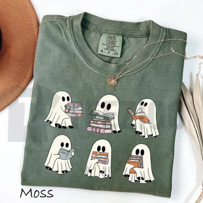 Spooky Halloween Bookshelf Comfort Colors Shirt – Ghost Reader Tee