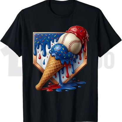 Baseball Drip Patriotic Ice Cream US Flag Youth Boys Summer Graphic T-Shirt