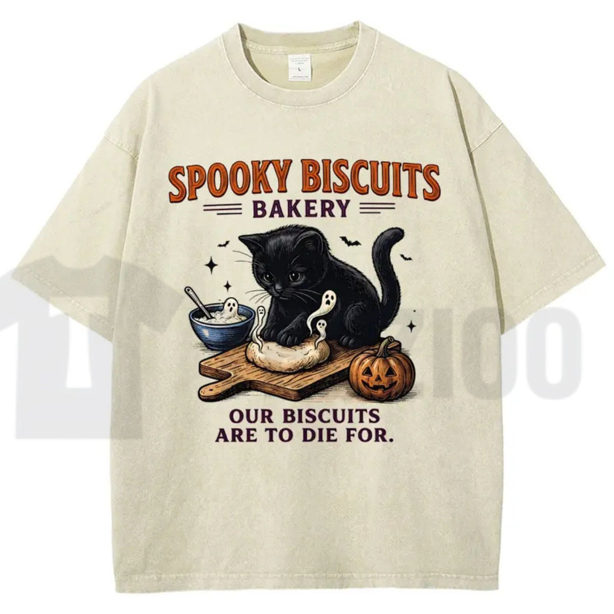 Spooky Black Cat Vintage Graphic Tee – Oversized Halloween Acid-Wash Shirt