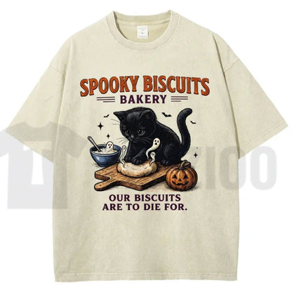 Spooky Black Cat Vintage Graphic Tee – Oversized Halloween Acid-Wash Shirt