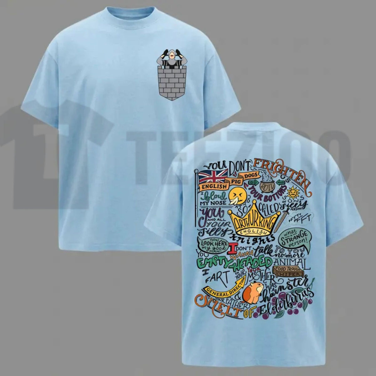 Classic Cult Comedy Top – Monty Python French Castle Double-Sided Movie Quote Graphic Apparel