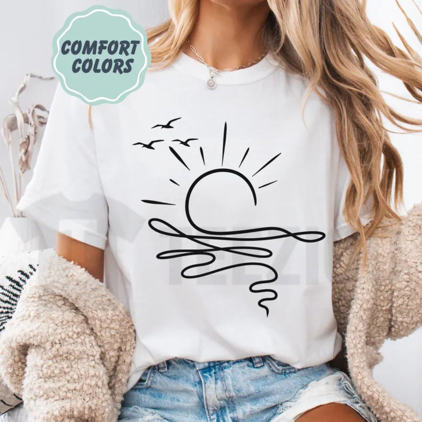 Sun Ocean Boho Comfort Colors Shirt – Minimalist Linear Summer Beach Tee