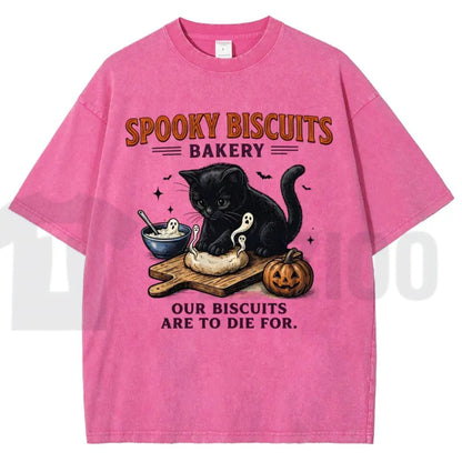 Spooky Black Cat Vintage Graphic Tee – Oversized Halloween Acid-Wash Shirt