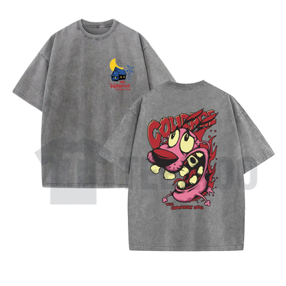 Back view of Courage the Cowardly Dog T-Shirt showcasing the large cartoon monster back print styled with denim jeans - teezioo