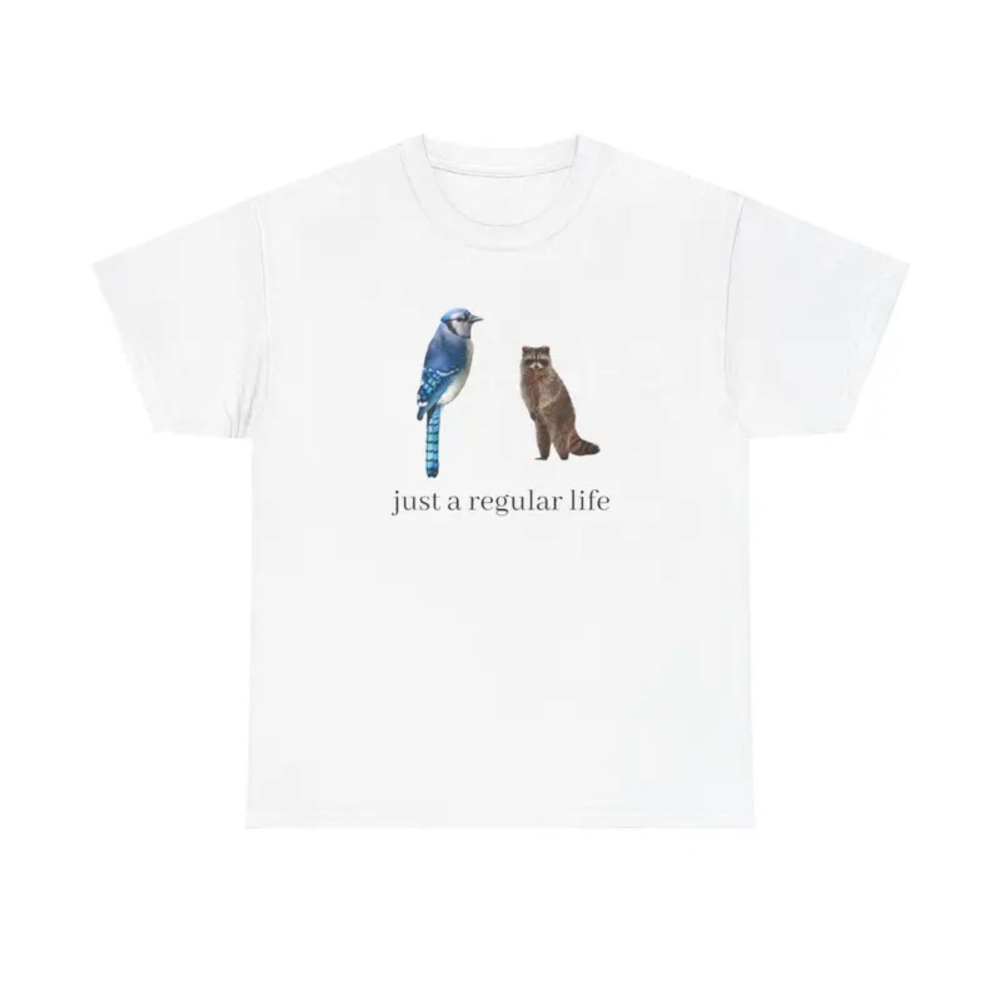 Blue Jay & Raccoon "Just a Regular Life" T-Shirt – Retro Cartoon Style Graphic Tee, Unisex Cotton Shirt - Teezioo