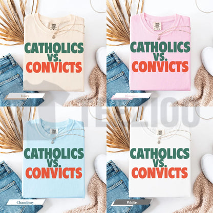 Catholics Vs Convicts Shirt 1988 – Vintage Football Rivalry Graphic Tee - Teezioo