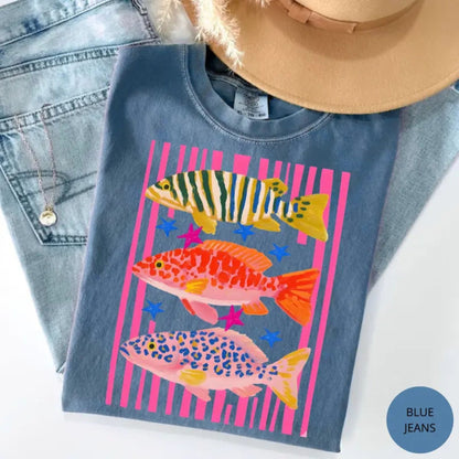 Comfort Colors Preppy Fish T-Shirt – Colorful Maximalist Fishing Graphic Tee, Cute Coastal Aesthetic Shirt for Women - Teezioo