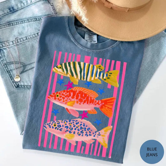 Comfort Colors Preppy Fish T-Shirt – Colorful Maximalist Fishing Graphic Tee, Cute Coastal Aesthetic Shirt for Women - Teezioo