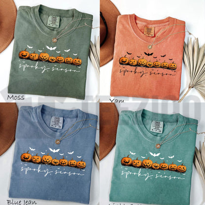 Comfort Colors Spooky Season Pumpkins Shirt – Halloween Ghost & Bat Tee - Teezioo