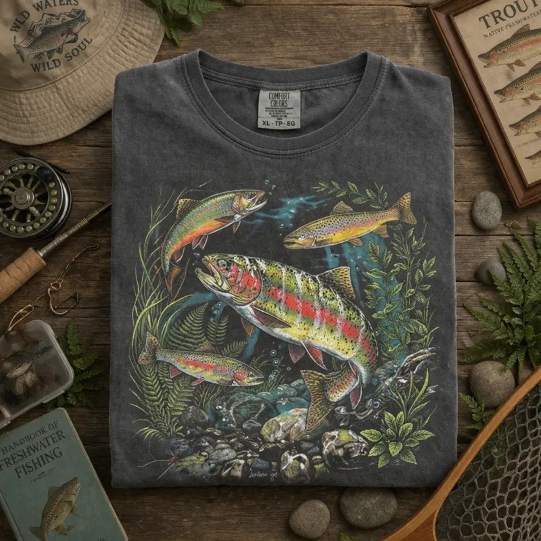 Comfort Colors Vintage Trout Fishing T-Shirt – Retro River Fish Graphic Tee, Aesthetic Angler Nature Shirt, Outdoorsman Gift - Teezioo