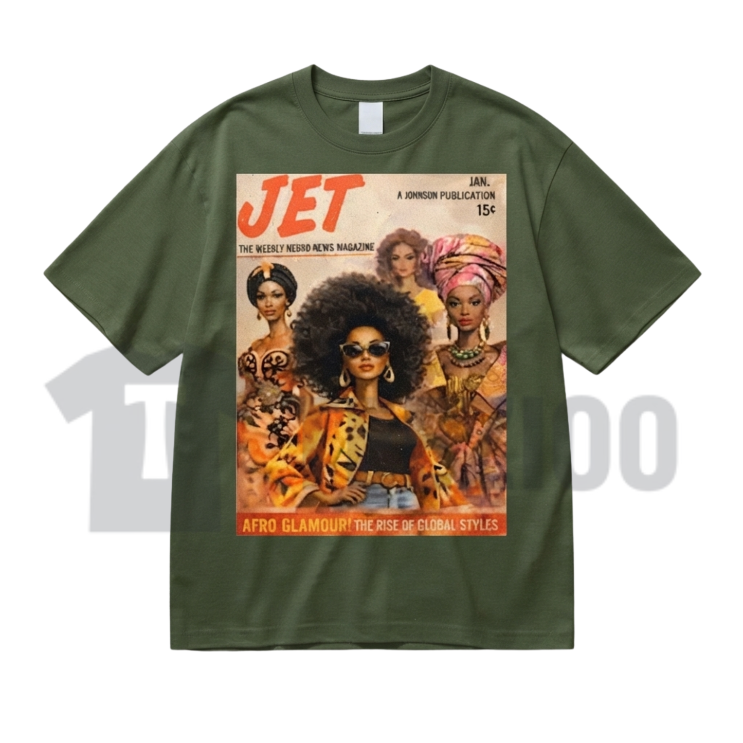 Front view of Afro Glamour Vintage Magazine Cotton T-Shirt in a modern streetwear look - teezioo