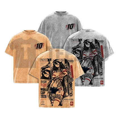 Front view of Albedo Overlord Anime Retro Double Printed Graphic T-Shirt - teezioo