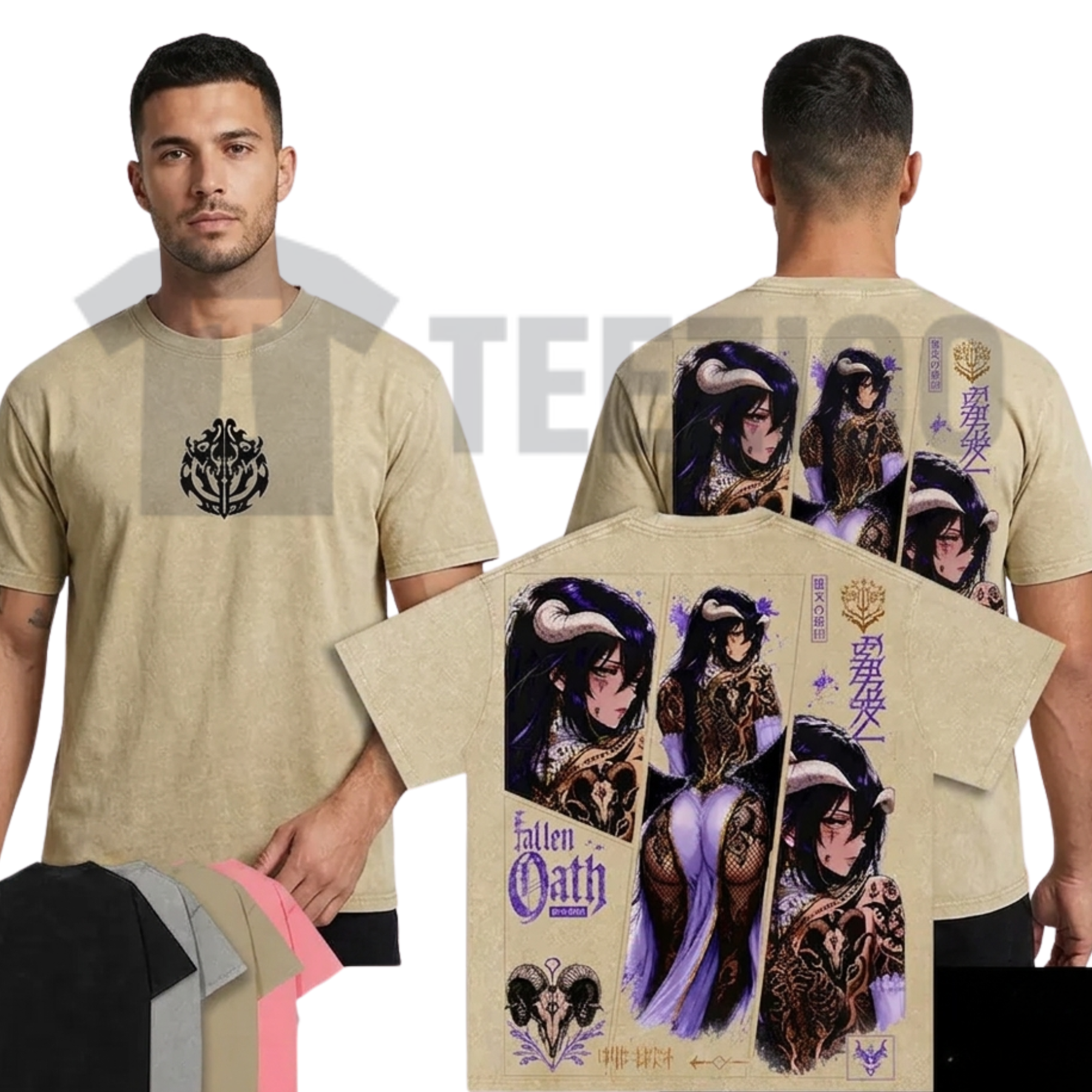 Front view of Albedo Succubus Anime T-Shirt in a vintage washed dark fantasy style - teezioo