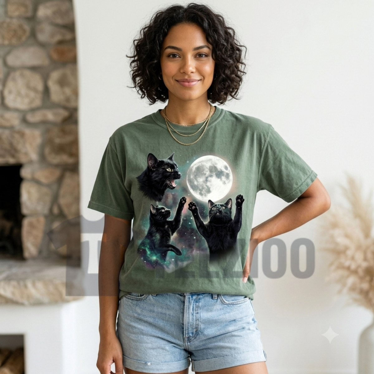 Front view of Black Cat Moon Celestial T-Shirt styled in a dark academia outfit with denim jeans and sneakers - teezioo