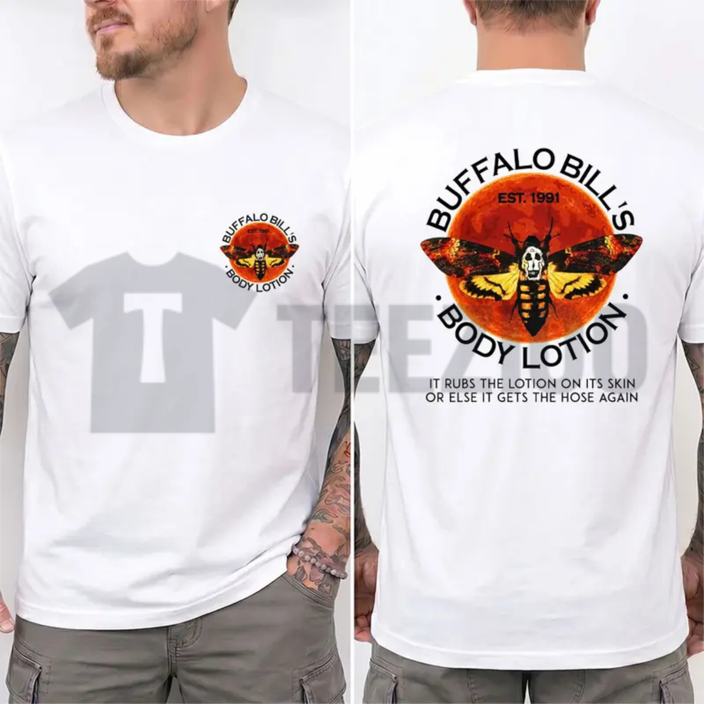 Front view of Buffalo Bill's Body Lotion Silence Of The Lambs Horror T-Shirt - Teezioo