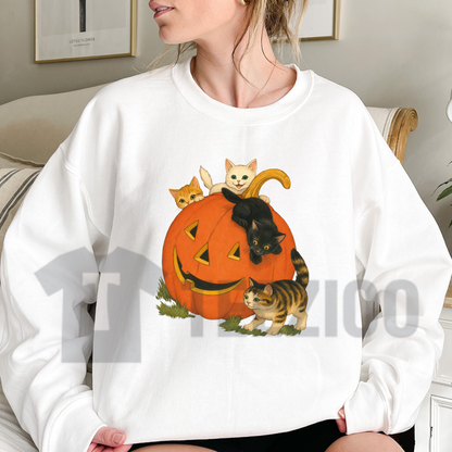Front view of ChicCotton Vintage 90s Cat Halloween Sweatshirt in a cozy fall aesthetic styling - teezioo