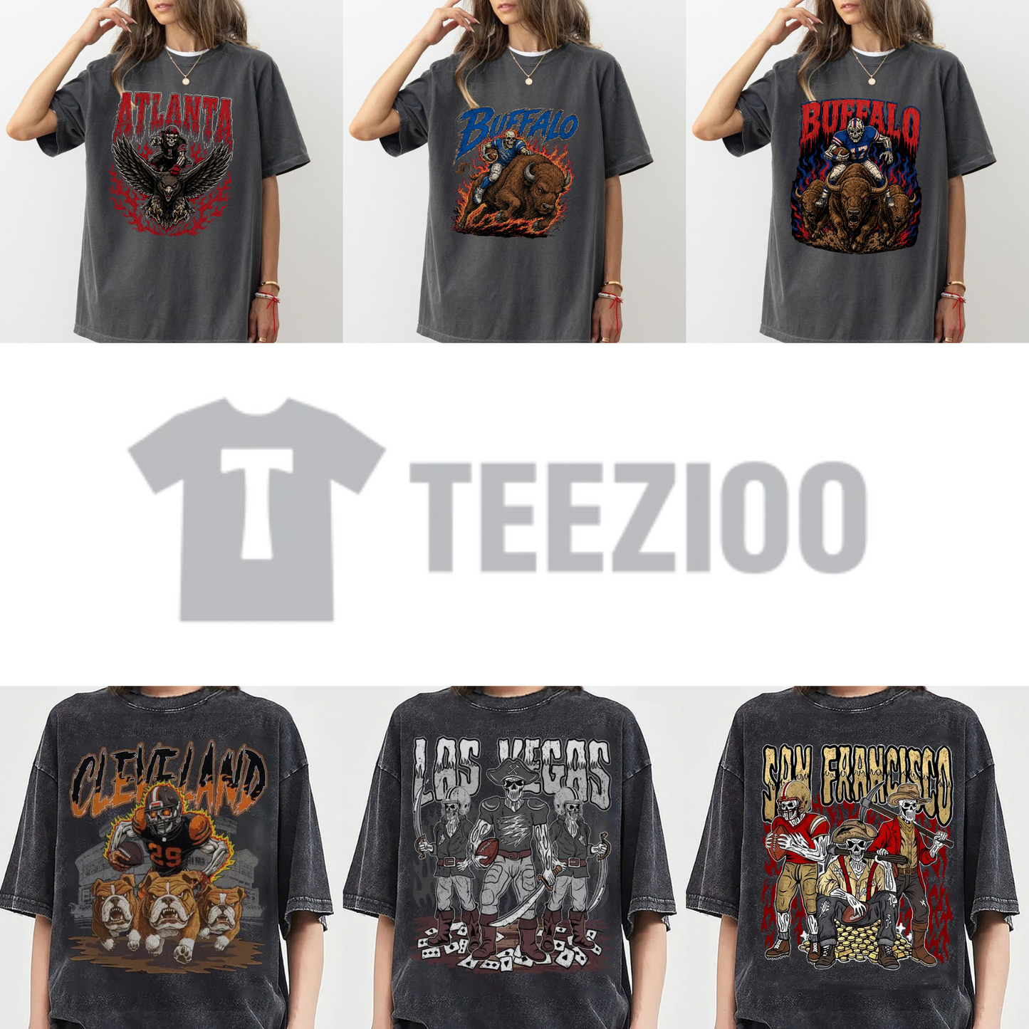 Front view of Comfort Colors Football Skull Shirt styled in a casual vintage game day outfit - teezioo