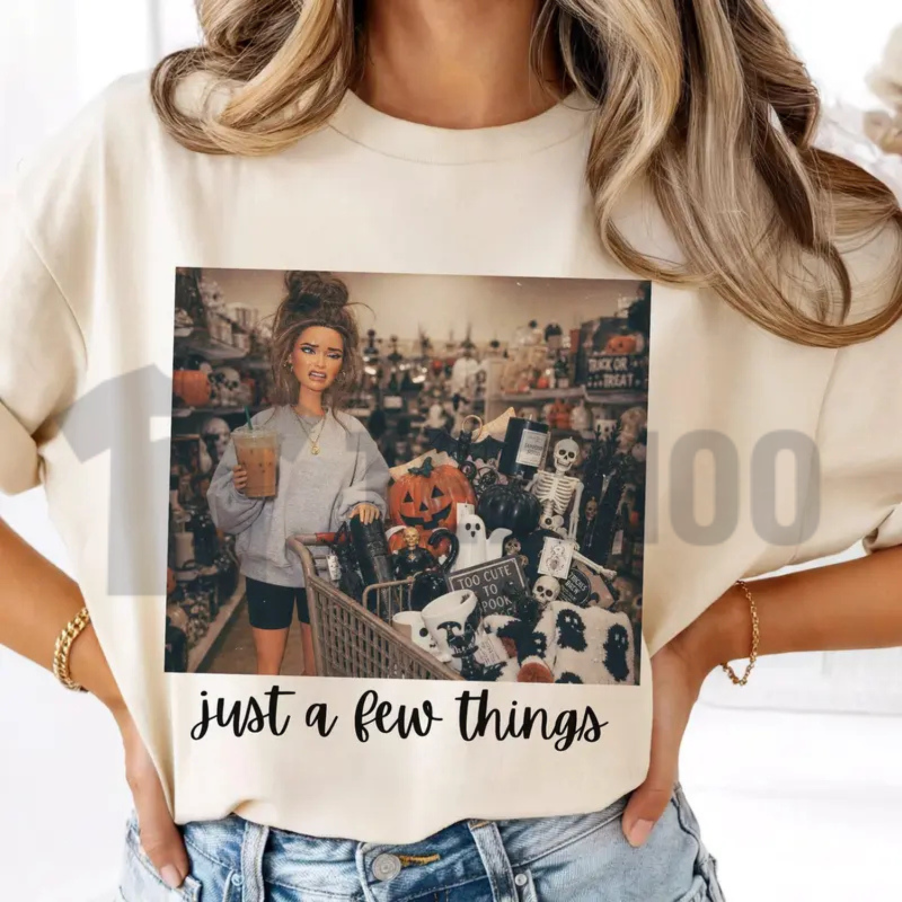 Front view of Comfort Colors Just A Few Things Halloween Doll Face Retro Grunge T-Shirt - teezioo