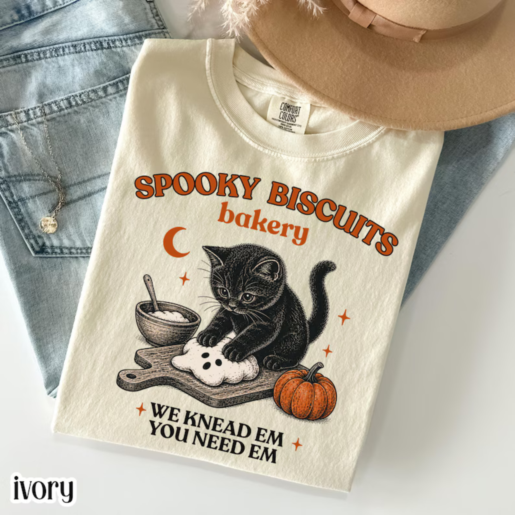 Front view of Comfort Colors Kitty Biscuits Halloween Shirt styled in a cozy fall outfit - teezioo